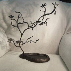 Jewelry Organizer Tree Display Bronze Metal Stand w/ trinket tray, leaf, twig